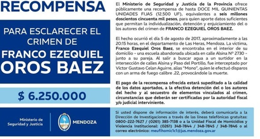  RECOMPENSA POR ESCLARECIMIENTO CRIMEN 