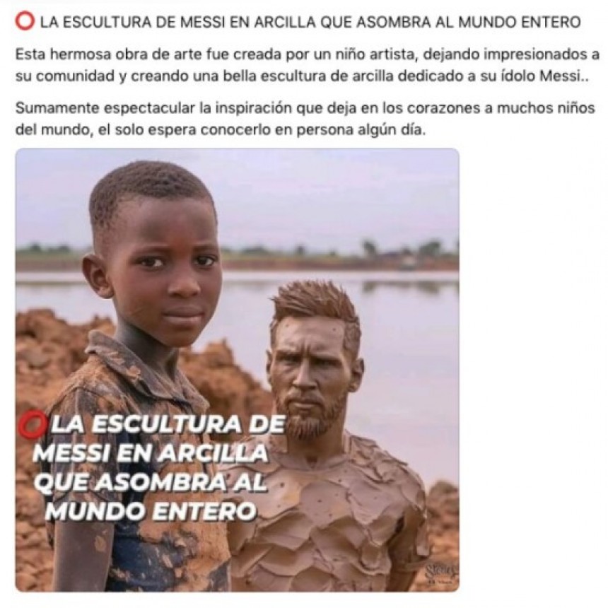 Esta imagen de un ni&ntilde;o con una escultura de Lionel Messi en barro no es real: fue creada con inteligencia artificial. Las redes mienten